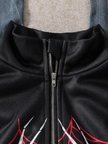 SHEIN Tween Girls Spider Web Graphic Half Zip Pullover Loose Streetwear Fall Winter Casual Sweatshirt Hood - Black - View 5