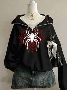 SHEIN Tween Girls Spider Web Graphic Half Zip Pullover Loose Streetwear Fall Winter Casual Sweatshirt Hood - Black - View 9