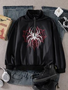 SHEIN Tween Girls Spider Web Graphic Half Zip Pullover Loose Streetwear Fall Winter Casual Sweatshirt Hood - Black - View 7