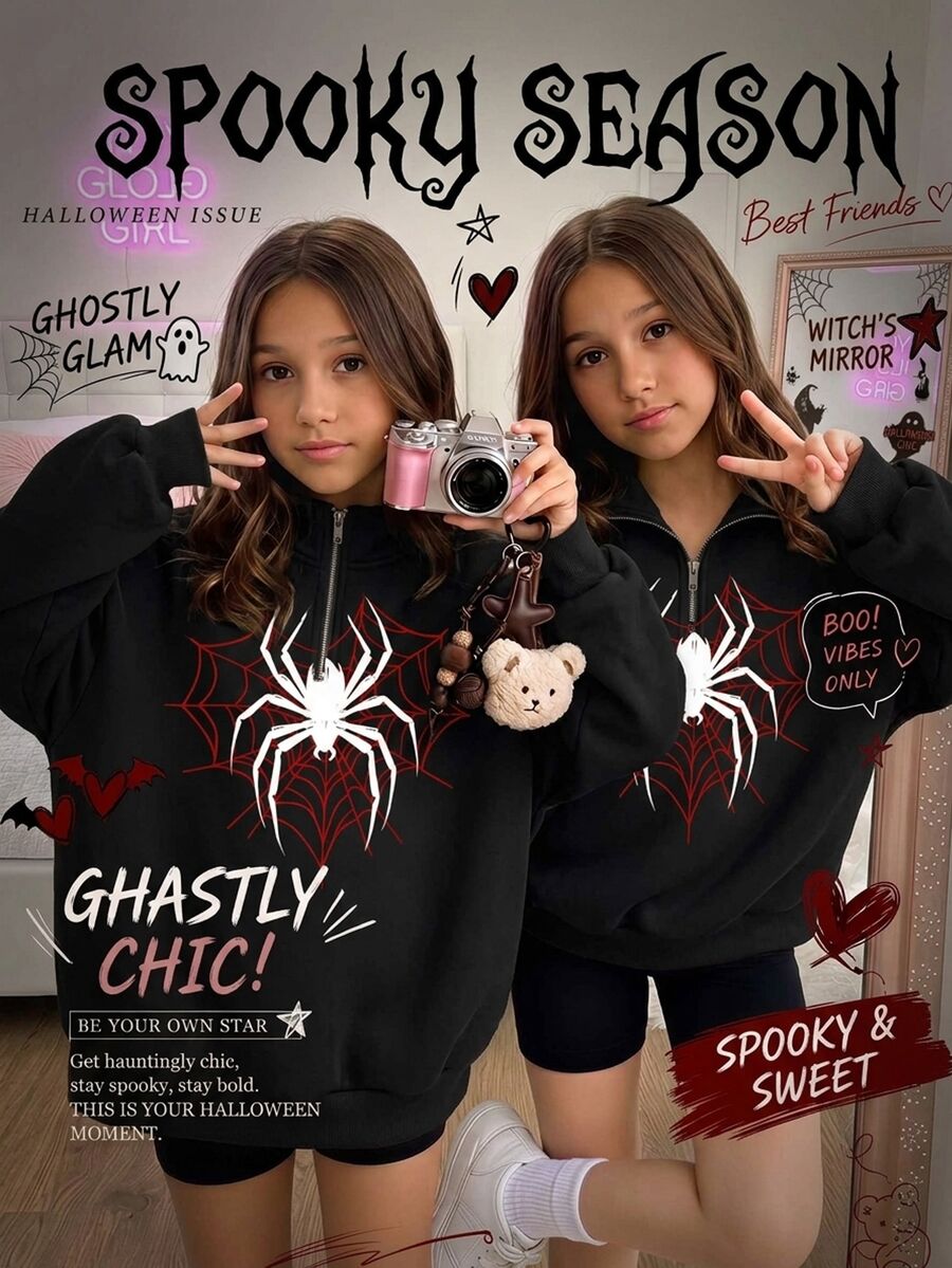 SHEIN Tween Girls Spider Web Graphic Half Zip Pullover Loose Streetwear Athletic Autumn Casual Sweatshirt Hood Halloween School Black And Red School - Black - View 1