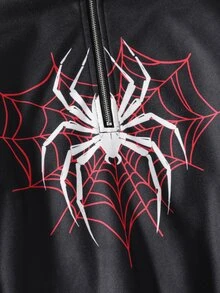 SHEIN Tween Girls Spider Web Graphic Half Zip Pullover Loose Streetwear Fall Winter Casual Sweatshirt Hood - Black - View 4