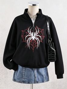 SHEIN Tween Girls Spider Web Graphic Half Zip Pullover Loose Streetwear Fall Winter Casual Sweatshirt Hood - Black - View 8