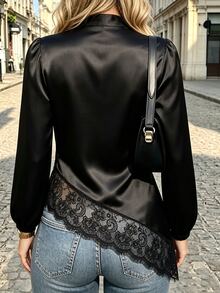 valorelle valorelle Women's Satin Blouse, Mandarin Collar Frog Button Keyhole Neck, Puff Long Sleeve With Elastic Cuffs, Irregular Lace Spliced Hem, Loose Fit, Chic Casua - Black - View 2