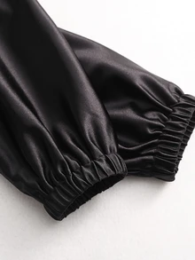 valorelle valorelle Women's Satin Blouse, Mandarin Collar Frog Button Keyhole Neck, Puff Long Sleeve With Elastic Cuffs, Irregular Lace Spliced Hem, Loose Fit, Chic Casua - Black - View 5