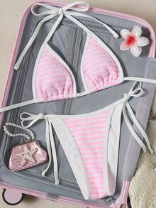 Swim Mod Women's Casual Sexy Vacation All White Halter Neck Bikini 2 Pieces Set Beach Party Summer - Pink - View 2