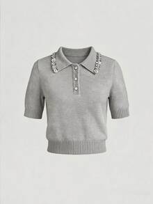 Elamini Dam stickad topp med strass, casual, för höst/vinter, ungdomsstil - Grå - Visa 3
