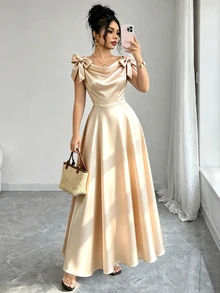 Elenzga New Arrival Woven Sleeveless Dress With Bow Decor, Elegant Daily Wear Midi Dress For Women - Khaki - View 1