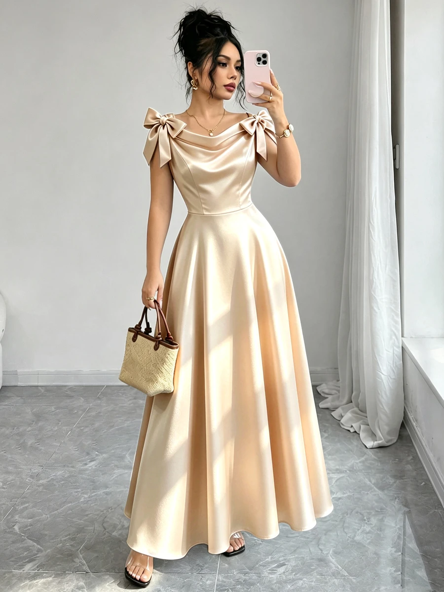 Elenzga New Arrival Woven Sleeveless Dress With Bow Decor, Elegant Daily Wear Midi Dress For Women - Khaki - View 1