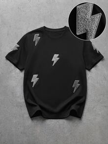 GENTILAND Men's Lightning Graphic Tee, Chenille Patch Crew Neck, Oversized Streetwear, Football - Black - View 2