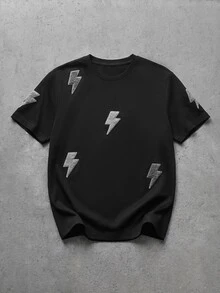 GENTILAND Men's Lightning Graphic Tee, Chenille Patch Crew Neck, Oversized Streetwear, Football - Black - View 5