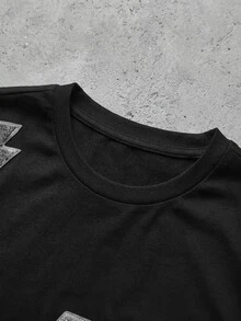 GENTILAND Men's Lightning Graphic Tee, Chenille Patch Crew Neck, Oversized Streetwear, Football - Black - View 6