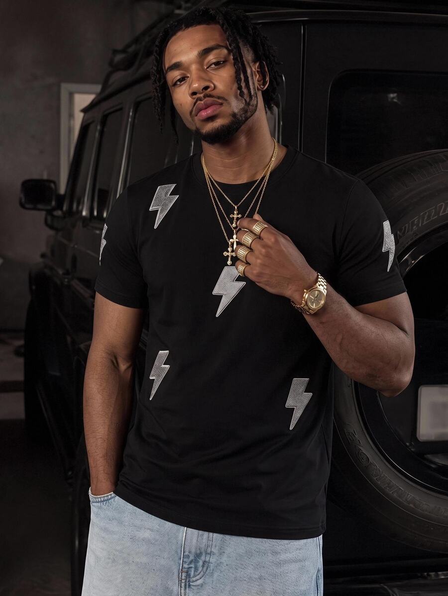 GENTILAND Men's Lightning Graphic Tee, Chenille Patch Crew Neck, Oversized Streetwear, Football - Black - View 1