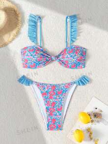 Swim Mod Women Summer Beach Vacation Removable Strap Ruffle Tied Front Crop Top And Ruffle Hem Tie Side Bikini Set - Multicolor - View 6