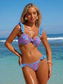Swim Mod Women Summer Beach Vacation Removable Strap Ruffle Tied Front Crop Top And Ruffle Hem Tie Side Bikini Set - Multicolor - View 4