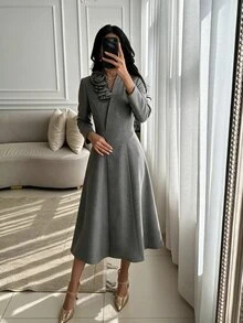 Modelyn Women 3D Flower Ruffle Embellished Stand Collar Surplice V Neck Midi Dress Long Sleeve Fitted Waist A Line Flared Skirt Quiet Luxury Fall Office - Grey - View 9