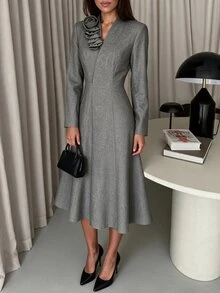Modelyn Women 3D Flower Ruffle Embellished Stand Collar Surplice V Neck Midi Dress Long Sleeve Fitted Waist A Line Flared Skirt Quiet Luxury Fall Office - Grey - View 3
