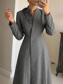 Modelyn Women 3D Flower Ruffle Embellished Stand Collar Surplice V Neck Midi Dress Long Sleeve Fitted Waist A Line Flared Skirt Quiet Luxury Fall Office - Grey - View 8