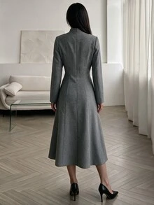 Modelyn Women 3D Flower Ruffle Embellished Stand Collar Surplice V Neck Midi Dress Long Sleeve Fitted Waist A Line Flared Skirt Quiet Luxury Fall Office - Grey - View 2