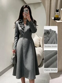 Modelyn Women 3D Flower Ruffle Embellished Stand Collar Surplice V Neck Midi Dress Long Sleeve Fitted Waist A Line Flared Skirt Quiet Luxury Fall Office - Grey - View 1