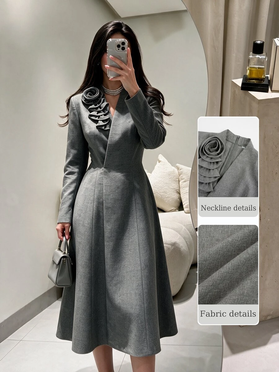 Modelyn Women 3D Flower Ruffle Embellished Stand Collar Surplice V Neck Midi Dress Long Sleeve Fitted Waist A Line Flared Skirt Quiet Luxury Fall Office - Grey - View 1