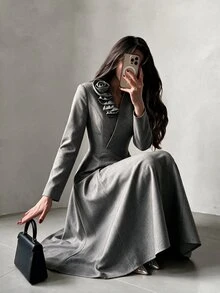 Modelyn Women 3D Flower Ruffle Embellished Stand Collar Surplice V Neck Midi Dress Long Sleeve Fitted Waist A Line Flared Skirt Quiet Luxury Fall Office - Grey - View 6