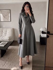 Modelyn Women 3D Flower Ruffle Embellished Stand Collar Surplice V Neck Midi Dress Long Sleeve Fitted Waist A Line Flared Skirt Quiet Luxury Fall Office - Grey - View 7