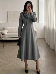Modelyn Women 3D Flower Ruffle Embellished Stand Collar Surplice V Neck Midi Dress Long Sleeve Fitted Waist A Line Flared Skirt Quiet Luxury Fall Office - Grey - View 5