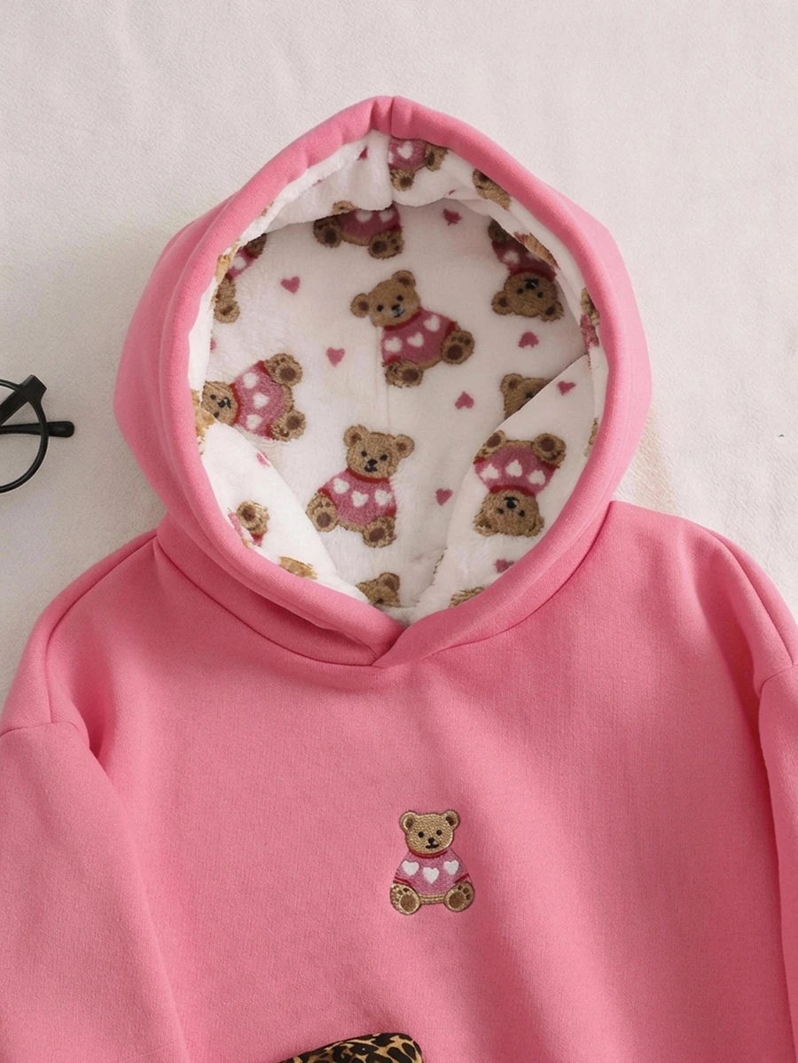 SHEIN 女童熊圖案印花長袖運動衫 - 粉色 - 查看 1