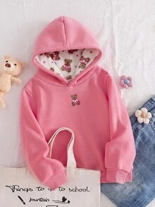SHEIN 女童熊圖案印花長袖運動衫 - 粉色 - 查看 2