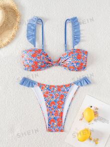 SHEIN Swim Summer Beach Vacation Women Halter Top With Removable Straps & Tie Front Waist Ruffle Shorts & Bikini Swimwear Set - Multicolor - View 4