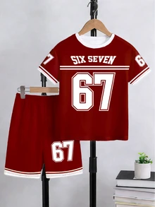 2pcs/Set Tween Boys' Casual Creative Graphic 67 Striped Red & White T-Shirt And Shorts Set, Comfortable Daily Wear For Spring, Summer & Autumn - Multicolor - View 4