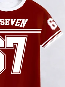 2pcs/Set Tween Boys' Casual Creative Graphic 67 Striped Red & White T-Shirt And Shorts Set, Comfortable Daily Wear For Spring, Summer & Autumn - Multicolor - View 7