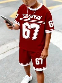 2pcs/Set Tween Boys' Casual Creative Graphic 67 Striped Red & White T-Shirt And Shorts Set, Comfortable Daily Wear For Spring, Summer & Autumn - Multicolor - View 1