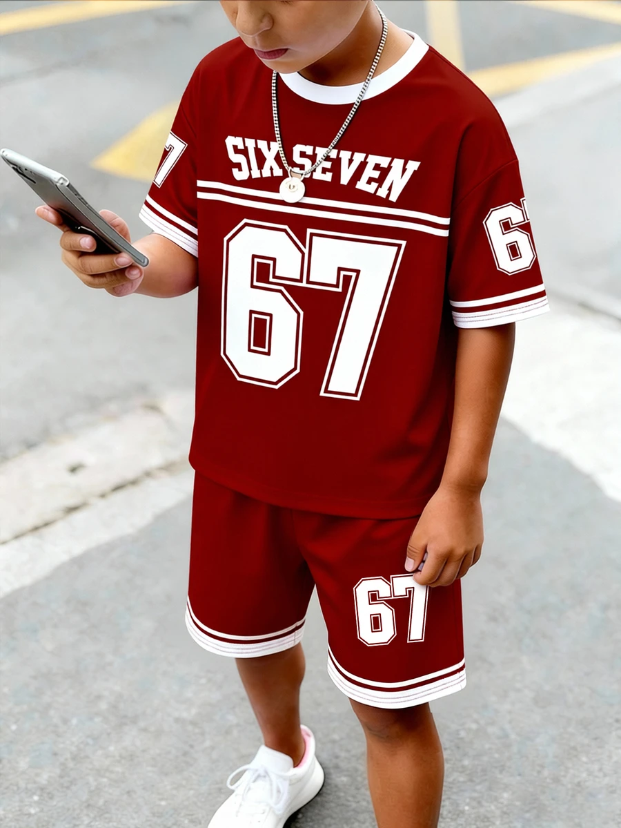 2pcs/Set Tween Boys' Casual Creative Graphic 67 Striped Red & White T-Shirt And Shorts Set, Comfortable Daily Wear For Spring, Summer & Autumn - Multicolor - View 1