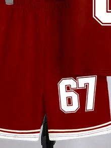 2pcs/Set Tween Boys' Casual Creative Graphic 67 Striped Red & White T-Shirt And Shorts Set, Comfortable Daily Wear For Spring, Summer & Autumn - Multicolor - View 6