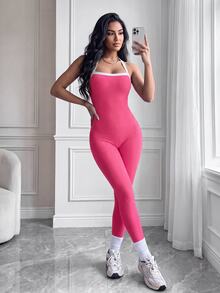 Slayform Slayform Women's Colorblock Fashion Minimalist Halter Neck Fitted Base Layer Sports Jumpsuit - Pink - View 1