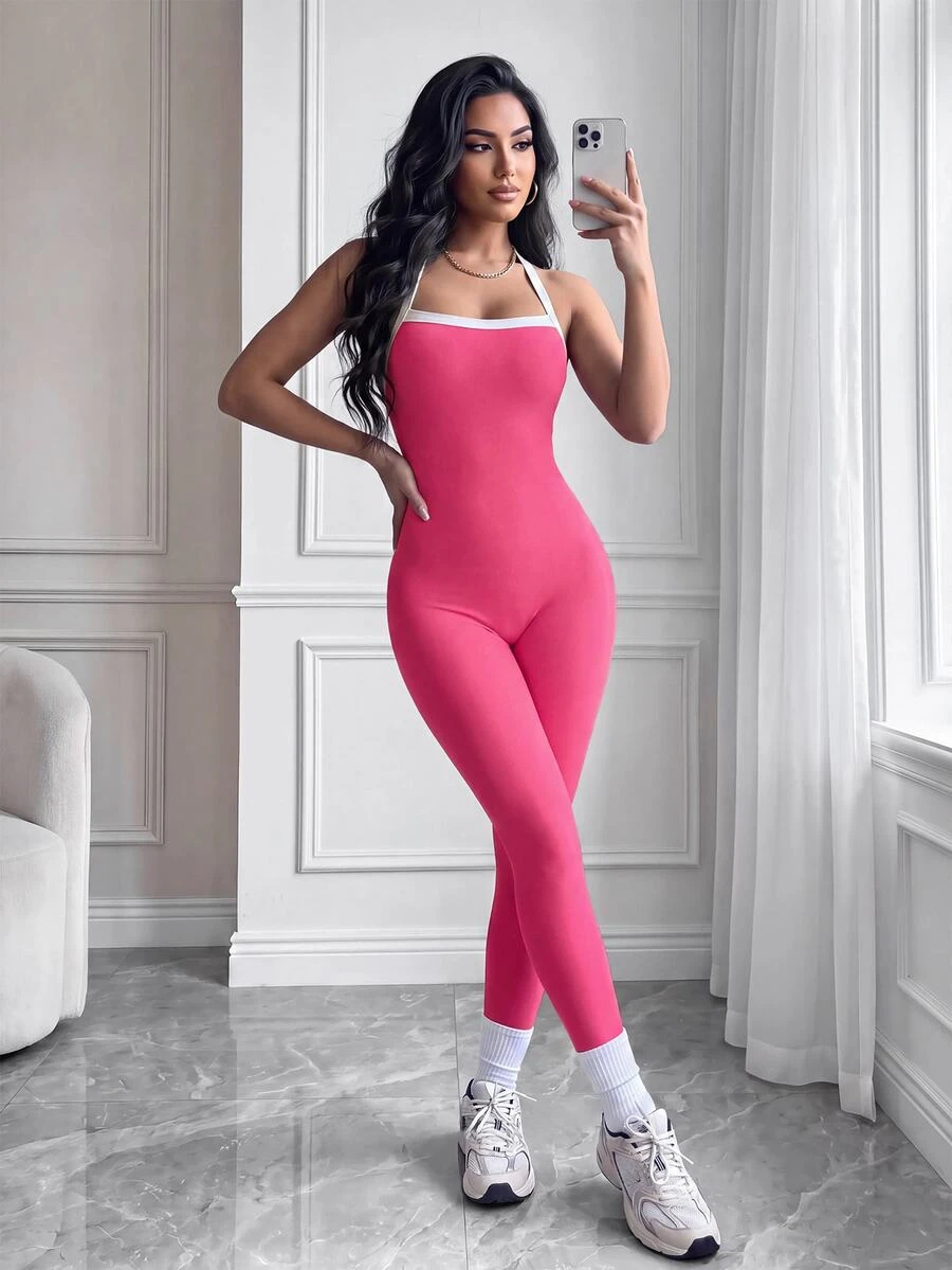 Slayform Slayform Women's Colorblock Fashion Minimalist Halter Neck Fitted Base Layer Sports Jumpsuit - Pink - View 1