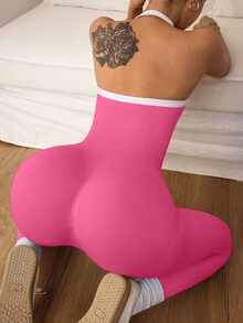 Slayform Slayform Women's Colorblock Fashion Minimalist Halter Neck Fitted Base Layer Sports Jumpsuit - Pink - View 2