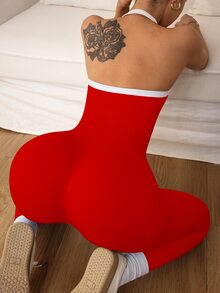 Slayform Slayform Women's Contrast Color Halter Neck Daily Fitness Sports Jumpsuit - Red - View 2
