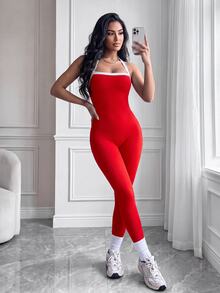 Slayform Slayform Women's Contrast Color Halter Neck Daily Fitness Sports Jumpsuit - Red - View 1