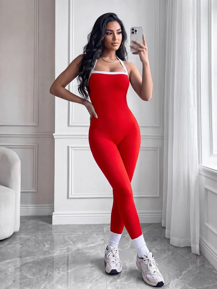 Slayform Slayform Women's Contrast Color Halter Neck Daily Fitness Sports Jumpsuit - Red - View 1