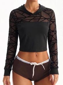 Slayform Slayform Fall Women's Loose Long Sleeve Hooded Sport Sweatshirt With Patchwork Flocked Sand Design Front Split Sexy Athletic Style For Casual Wear Running Gym - Black - View 3