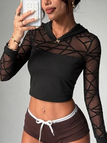 Slayform Slayform Fall Women's Loose Long Sleeve Hooded Sport Sweatshirt With Patchwork Flocked Sand Design Front Split Sexy Athletic Style For Casual Wear Running Gym - Black - View 4