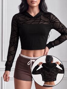 Slayform Slayform Fall Women's Loose Long Sleeve Hooded Sport Sweatshirt With Patchwork Flocked Sand Design Front Split Sexy Athletic Style For Casual Wear Running Gym - Black - View 1