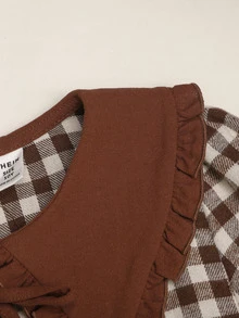 SHEIN Tween Girl Contrast Collar Brown Plaid Ruffle Ruched Waist A-Line Dress - Khaki - View 5
