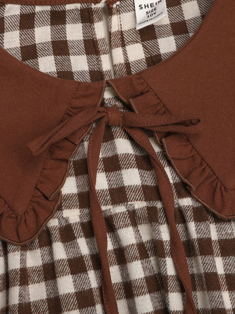 SHEIN Tween Girl Contrast Collar Brown Plaid Ruffle Ruched Waist A-Line Dress - Khaki - View 3