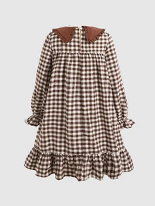 SHEIN Tween Girl Contrast Collar Brown Plaid Ruffle Ruched Waist A-Line Dress - Khaki - View 2