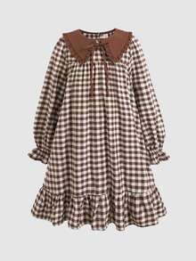 SHEIN Tween Girl Contrast Collar Brown Plaid Ruffle Ruched Waist A-Line Dress - Khaki - View 7
