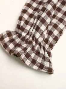 SHEIN Tween Girl Contrast Collar Brown Plaid Ruffle Ruched Waist A-Line Dress - Khaki - View 6