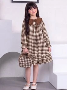 SHEIN Tween Girl Contrast Collar Brown Plaid Ruffle Ruched Waist A-Line Dress - Khaki - View 1